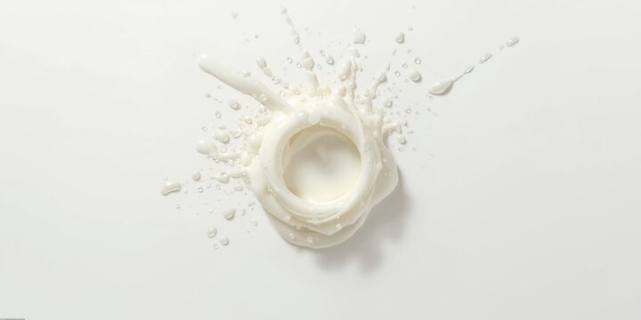 Ring composed of scattered milk droplets on simple white background with copy space