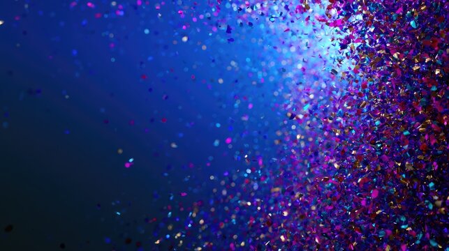 Colorful confetti falls against a dark blue luminous background