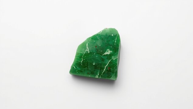 Pure jadeite rock fragment positioned on a bright white foundation