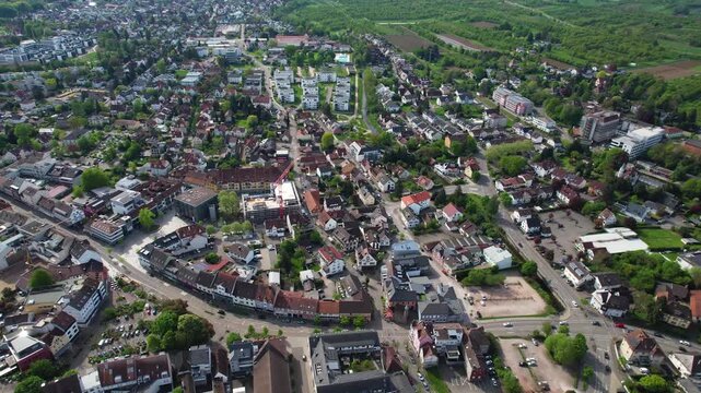 Aerial view around the old town of the city Achern, in  south Germany on a sunny spring noon.