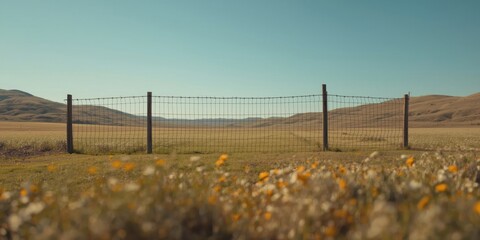 Obraz premium Wire fence in a grassy field with orange wildflowers