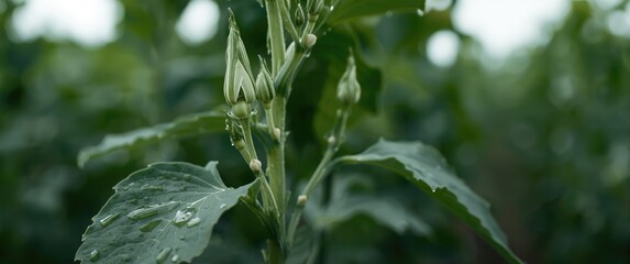 Fototapeta premium Intimate look at soybean plant showing healthy leaves and flowering buds in farmland