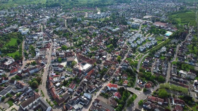 Aerial view around the old town of the city Achern, in  south Germany on a sunny spring noon.