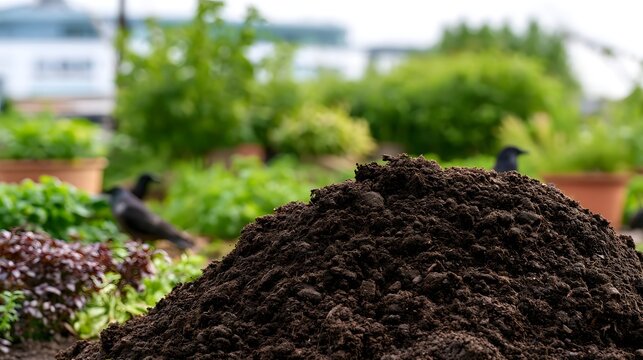 A natural compost heap with rich soil featuring lush urban garden surroundings and birds in the background