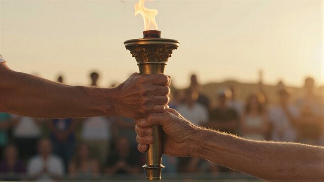 Hand holds glowing Olympic torch, symbolizing unity and global spirit at sunset.