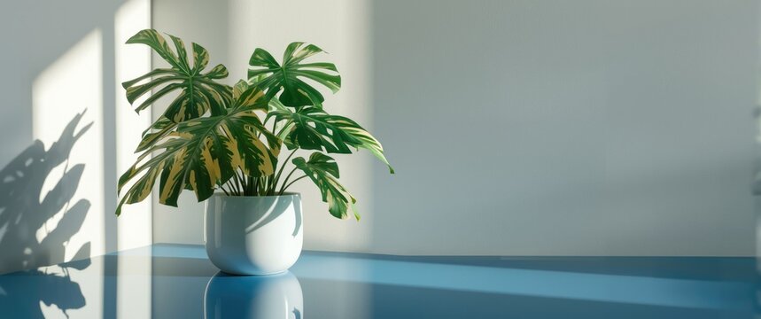 Striking monstera deliciosa houseplant with variegated leaves in a glossy white pot on an intense blue table surface