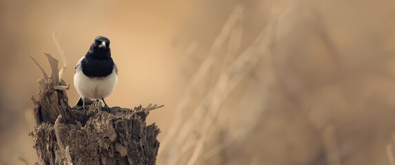 Obraz premium Young magpie standing on a rugged tree trunk in daylight