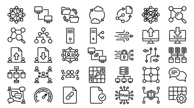 Blockchain and decentralized network line icons set