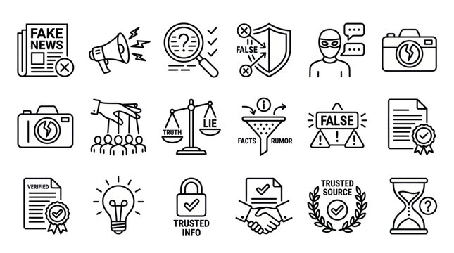 Black line icons for fake news and fact checking