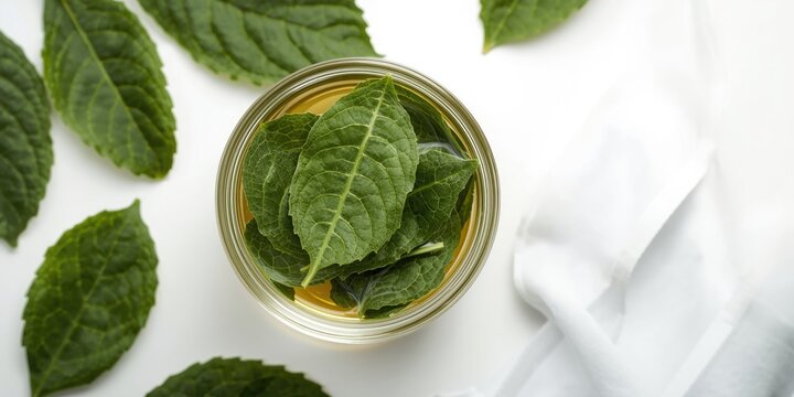 Natural herbal extract with gotu kola leaves in glass bowl on white backdrop