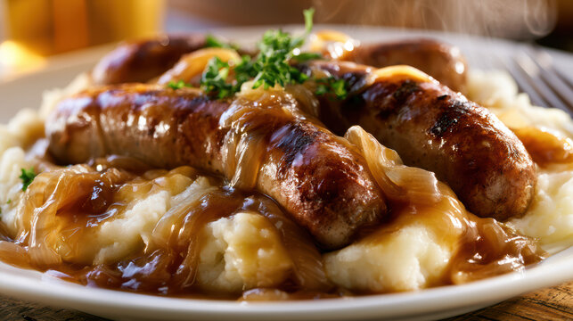 bangers and mash food photography with plump sausage and creamy mash