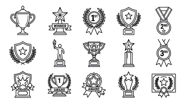 Achievement awards and competition trophy line icon set.