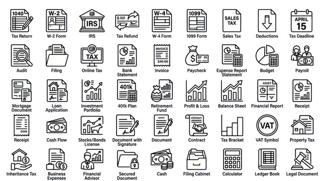 Accounting and tax preparation line icon collection.