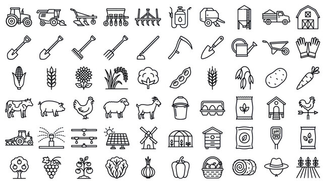 Agricultural farming and livestock production line icon set
