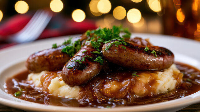 delicious bangers and mash - traditional british comfort food photography