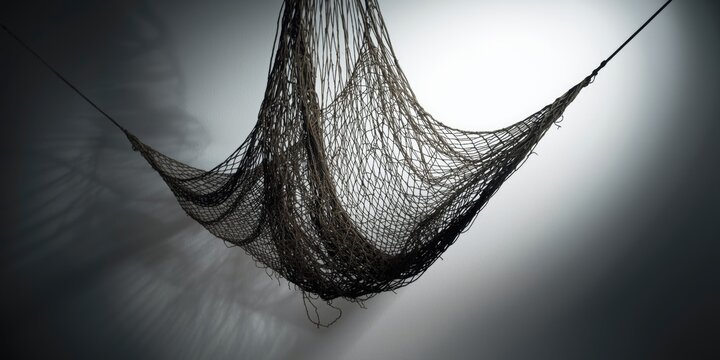 Shadowed fishing net displayed on a plain white backdrop