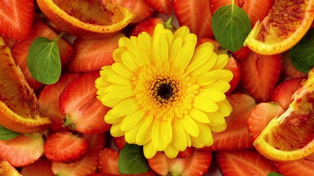 A vibrant arrangement of sliced strawberries and oranges with a bright yellow flower
