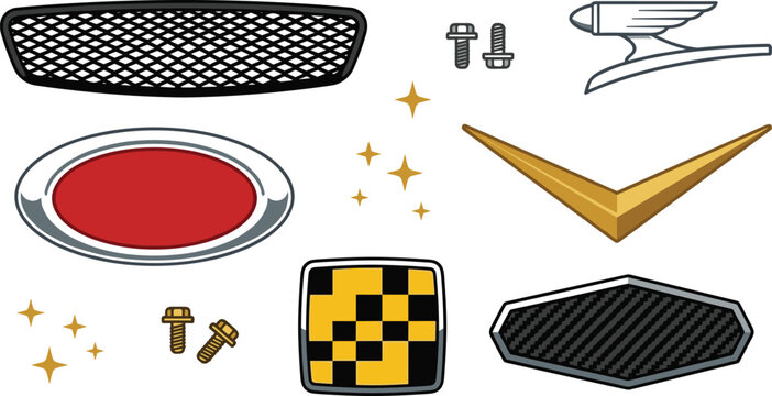 Vintage car parts vector illustration collection including classic front mesh grille chrome ornaments hood ornaments metallic bolts checkered pattern badge and shiny golden sparkles.