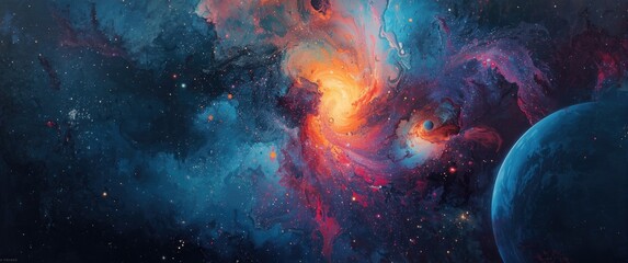 Fototapeta premium Colorful swirling nebula with a planet in outer space