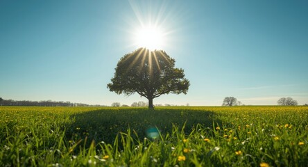 Obraz premium Two dimensional illustration of a tree centered in a lush meadow under a radiant sun and clear blue sky