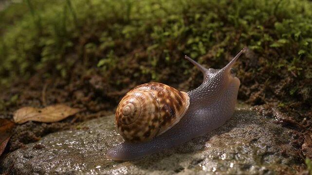 Macro closeup of snail shell and slug in wet mossy forest nature, wildlife on damp soil and rock, lush green environment with detailed texture and peaceful slow movement