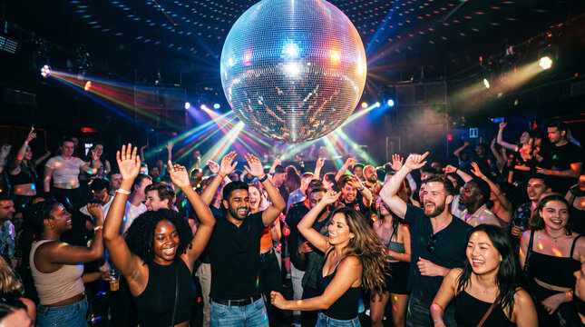 Vibrant nightlife scene with the silhouette of a massive glowing disco ball reflecting bright neon lights onto a joyful crowd dancing enthusiastically at a music festival or nightclub party.