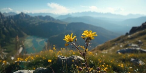 Obraz premium Sunny summer scene capturing a detailed yellow blossom thriving in high altitude alpine terrain