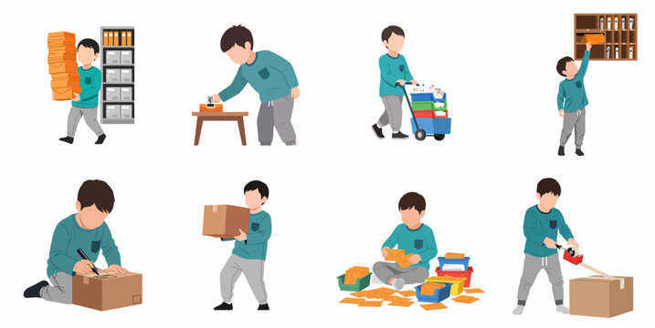 Set of illustrations featuring a young boy performing various mailing and shipping tasks like sorting letters, packing boxes, and stamping envelopes