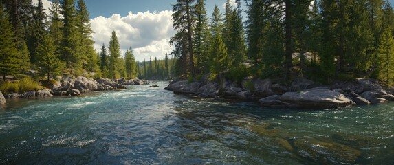 Obraz premium Top down view of a flowing river surrounded by vibrant pine trees and rocky edges beneath a clear summer sky
