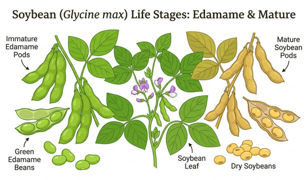 Soybean growth stages with edamame and mature pods vector design