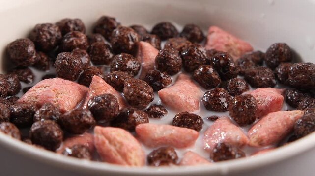 Cereal in a bowl with milk and different shapes of pieces