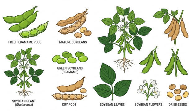 Edamame and soybean vector pack with immature and mature bean pod illustrations