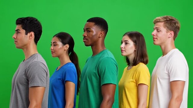 Diverse group of young people standing in profile line against green screen background.
