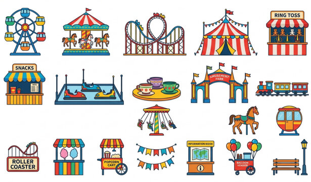 Colorful amusement park icon set for family entertainment and infographic maps