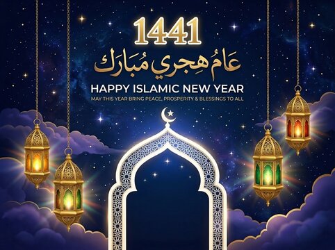 Happy islamic new year 1441 banner with elegant mosque arch, stars, crescent moon, and hanging arabic lanterns in night sky.