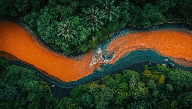 Panoramic aerial image of colorful river meeting highlighting orange and dark contrasting waters framed by dense green foliage