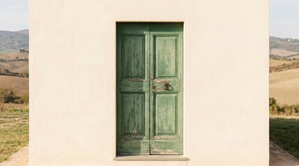 Fototapeta premium Vintage Green Door on Stucco Wall, Rustic Charm and Timeless Architecture