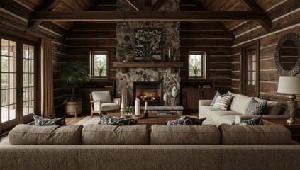 Obraz premium Cozy log cabin living room with a stone fireplace