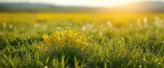 Obraz premium Yellow wildflowers blooming in a grassy field at sunrise