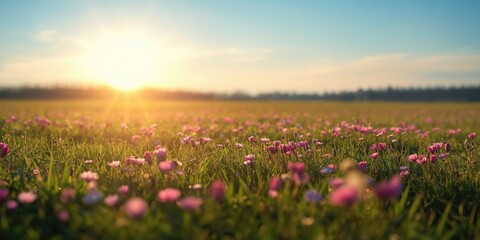 Fototapeta premium Radiant spring sun shining on a vast field filled with pink and purple flowers and thick green grass