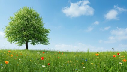 Obraz premium Leafy green tree blossoming in a springtime meadow filled with wildflowers and grass