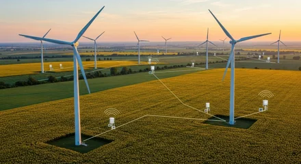 Array of modern wind turbines operating in a vast rural field at sunrise, showcasing renewable energy technology and infrastructure development. © Wong
