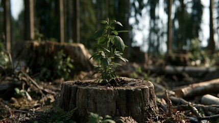 Fototapeta premium A small green plant growing out of a tree stump in a forest