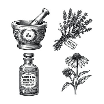 Vintage pharmacy herbs and apothecary vector illustration set with pharmacy