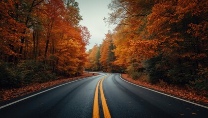 Naklejka premium Curvy asphalt parkway cutting through forest painted with fall foliage hues