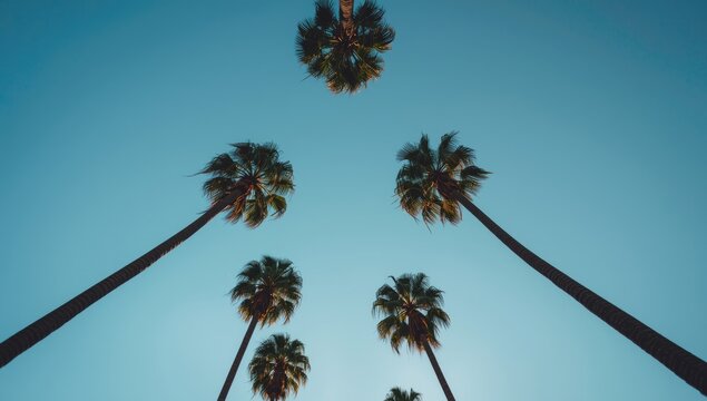 Upward glance at tall palm trees framed by an expansive blue sky