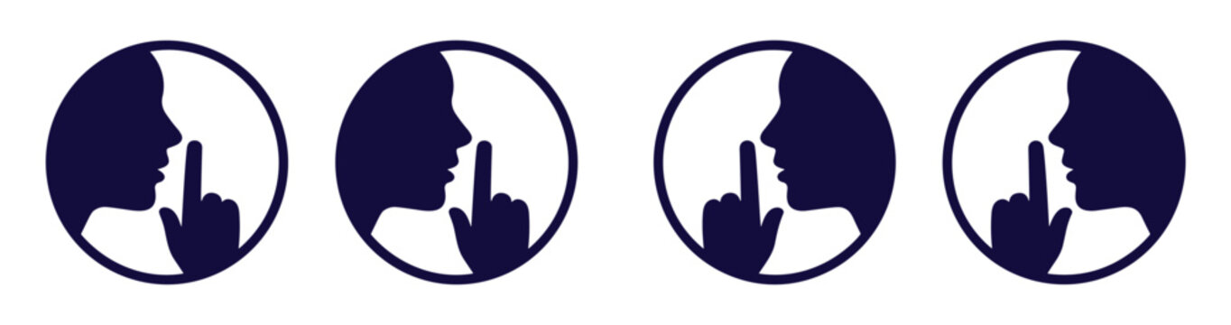 Silence Please: Four identical circular icons depicting a silhouette of a person with a finger pressed to their lips, conveying a universal sign for silence and quiet.