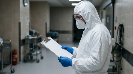Naklejka premium Close up of an unrecognizable healthcare worker dressed in a bright yellow hazardous materials suit examining a blank white clipboard template perfect for overlaying customized quarantine data.