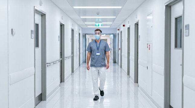 Dedicated frontline medical professional wearing unbranded protective face shield and mask in a modern sterile white hospital hallway, representing pandemic safety and expert healthcare.