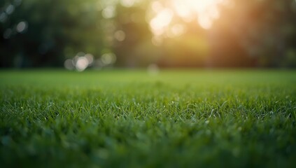 Naklejka premium Close-up of green grass with sunlight in the background